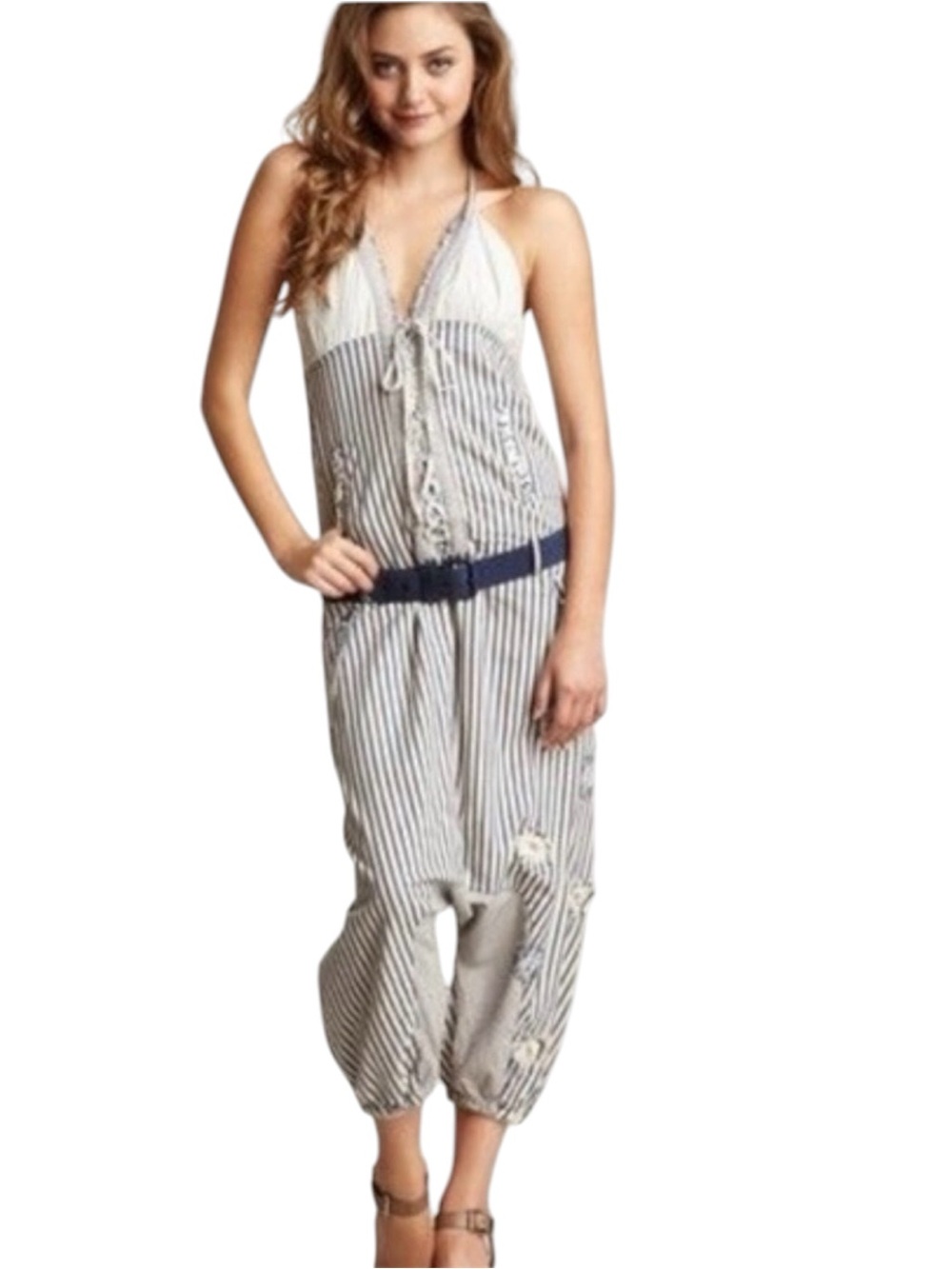 Desigual Striped Drop Halter Jumpsuit in Cream and Navy Artsy Unique size 28 Med